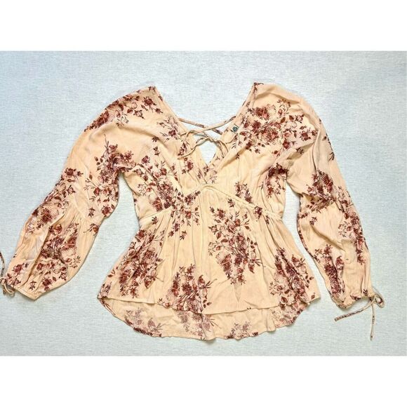 American Rag Cie Dusty Pink Floral Boho Elastic Waist Peasant Blouse Gypsy Size - Picture 1 of 7